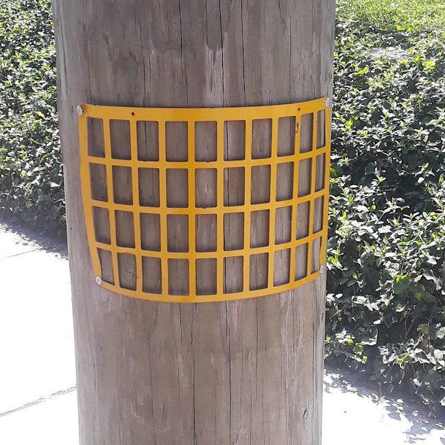 Yellow reflector affixed to a telephone pole